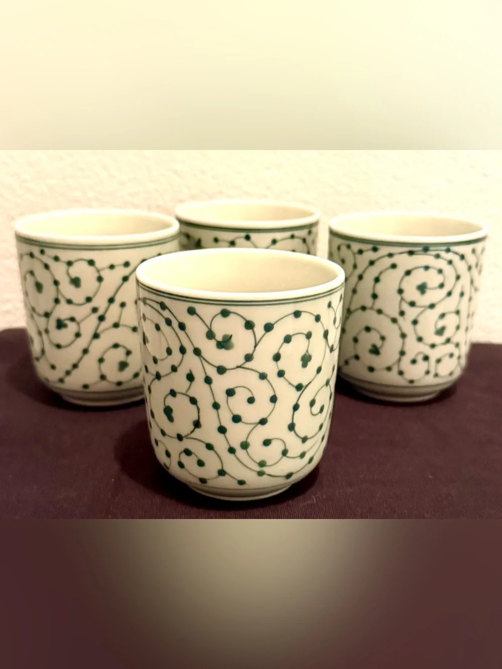 4 IKEA 8oz Entusiasm cups traditional green swirling vine pattern, white ceramic